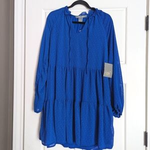 NWT Royal Blue Tent Dress with Swiss Dot Details V Neck